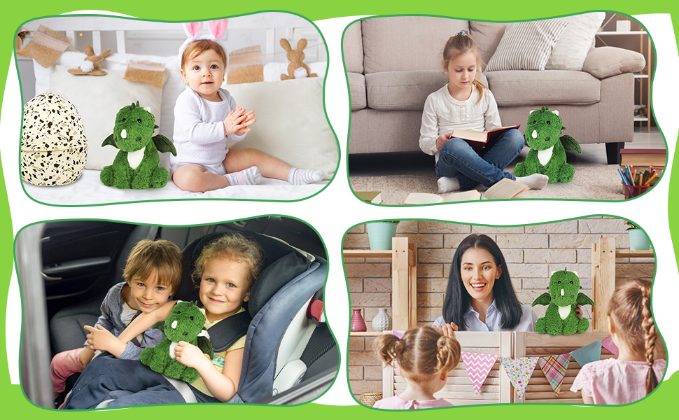Four-panel image showcasing a green plush dinosaur toy in various settings with children, including living room, car, and playroom scenes.