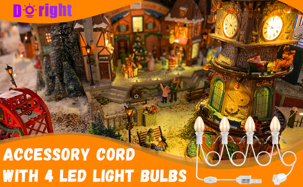 Accessory Cord with 4 LED Light Bulbs, 8.4Ft Christmas Village Lights
