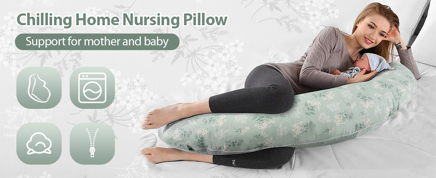 Geschwungenes Stillkissen in salbeigrüner Farbe mit Ikonographie, die verschiedene Komfortmerkmale für Mutter und Kind zeigt