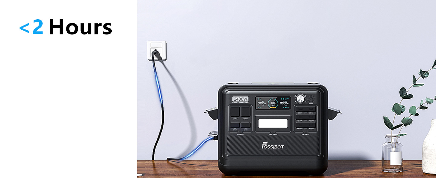 Compact black portable power station with digital display and multiple ports, sitting on wooden surface with plant decoration nearby.