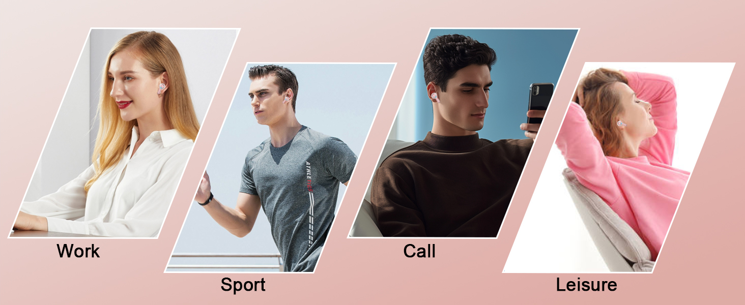 Split panel lifestyle advertisement showing four scenes labeled Work, Sport, Call, and Leisure against pastel geometric backgrounds.