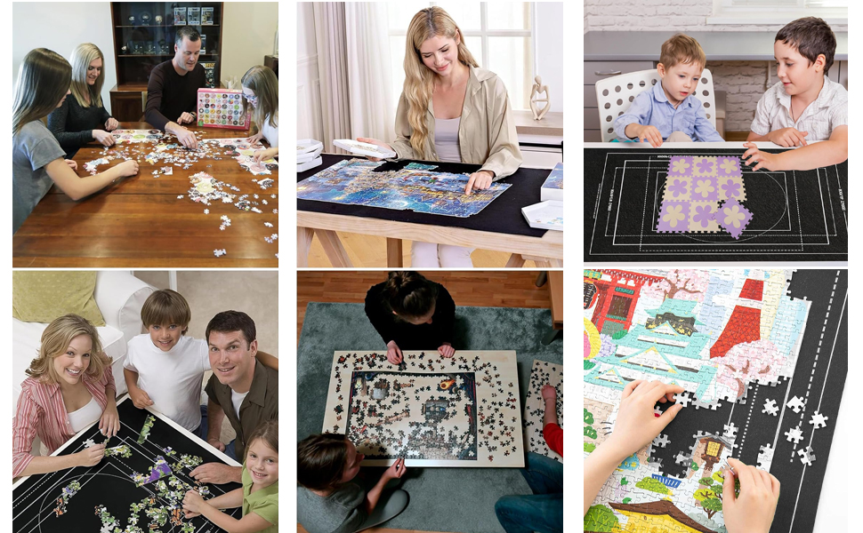 Collage of six images showing people working on jigsaw puzzles. Various puzzle sizes and designs are depicted, with individuals and groups engaged in assembling them on different surfaces.