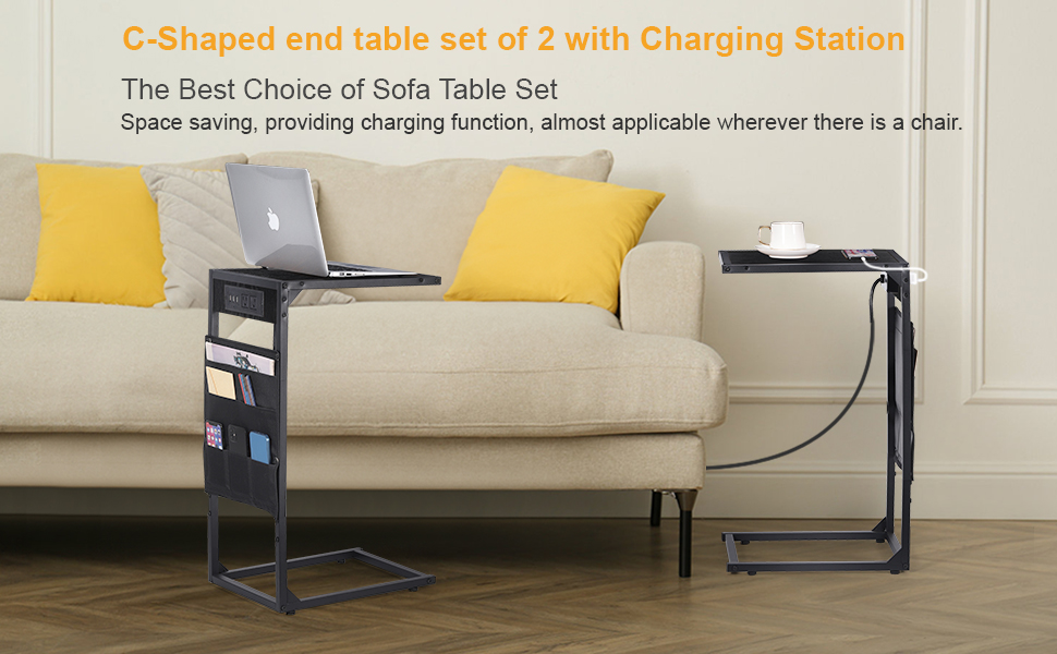 Fogein C Shaped End Table Set of 2 with Charging Station, Nightstand