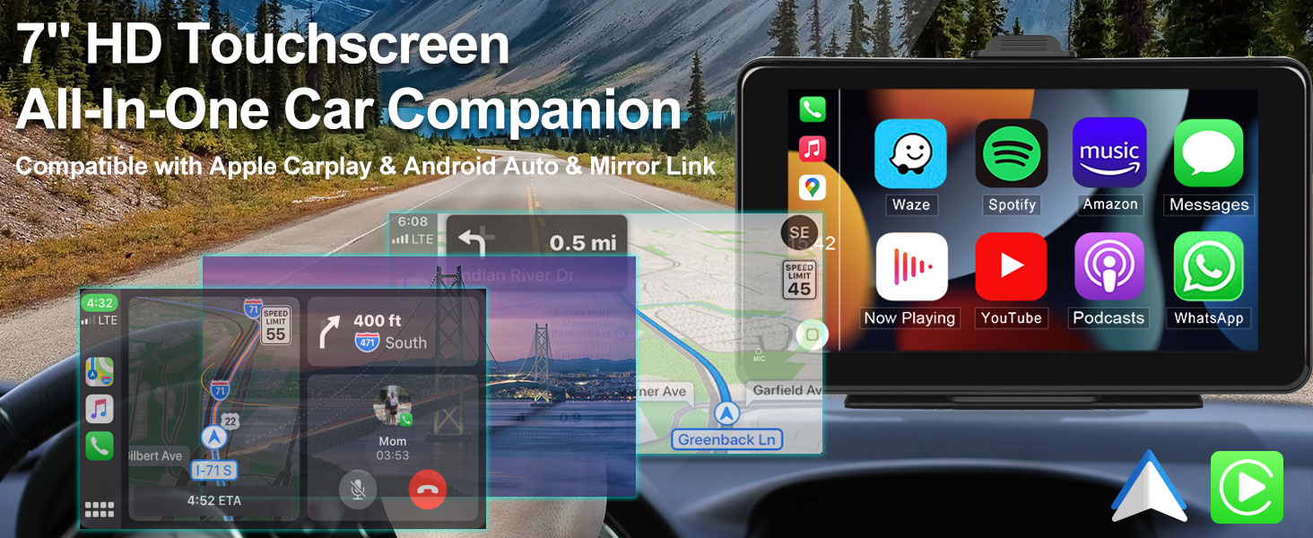 Portable Wireless Apple Carplay Android Auto Car Stereo Radio, 7 Inch HD Touchscreen Multimedia