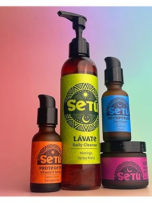 four bottles of Setú skin care for men including Cleanser, Vitamin C Serum, and Moisturizer