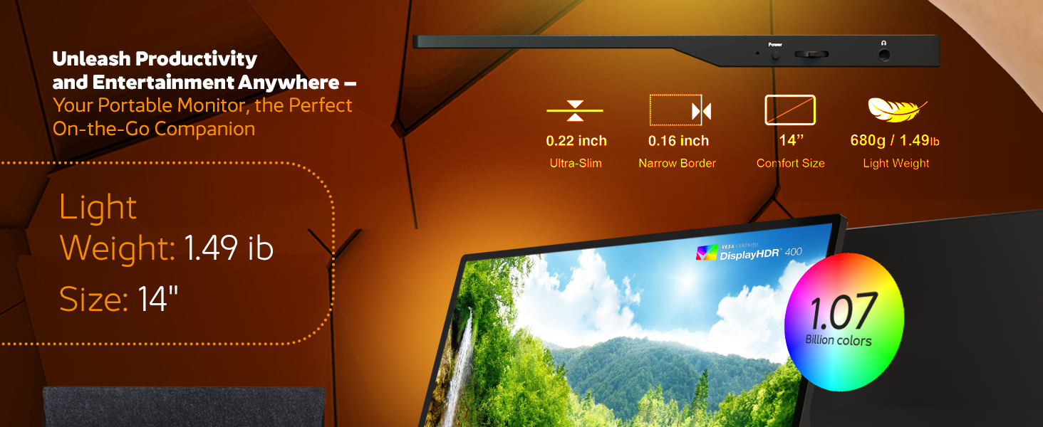 DroiX PM14 4K portable monitor specs: 14&#34; UHD display, 1.49lb weight, HDR400, USB-C ports