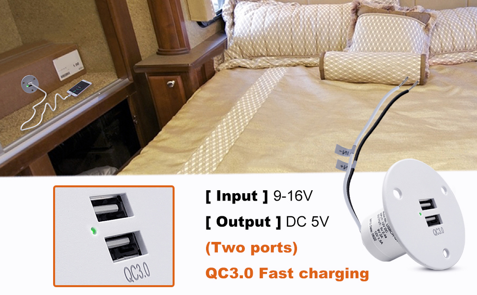 Facon 12V RV USB Charger Socket, QC 3.0 Quick Charger Dual