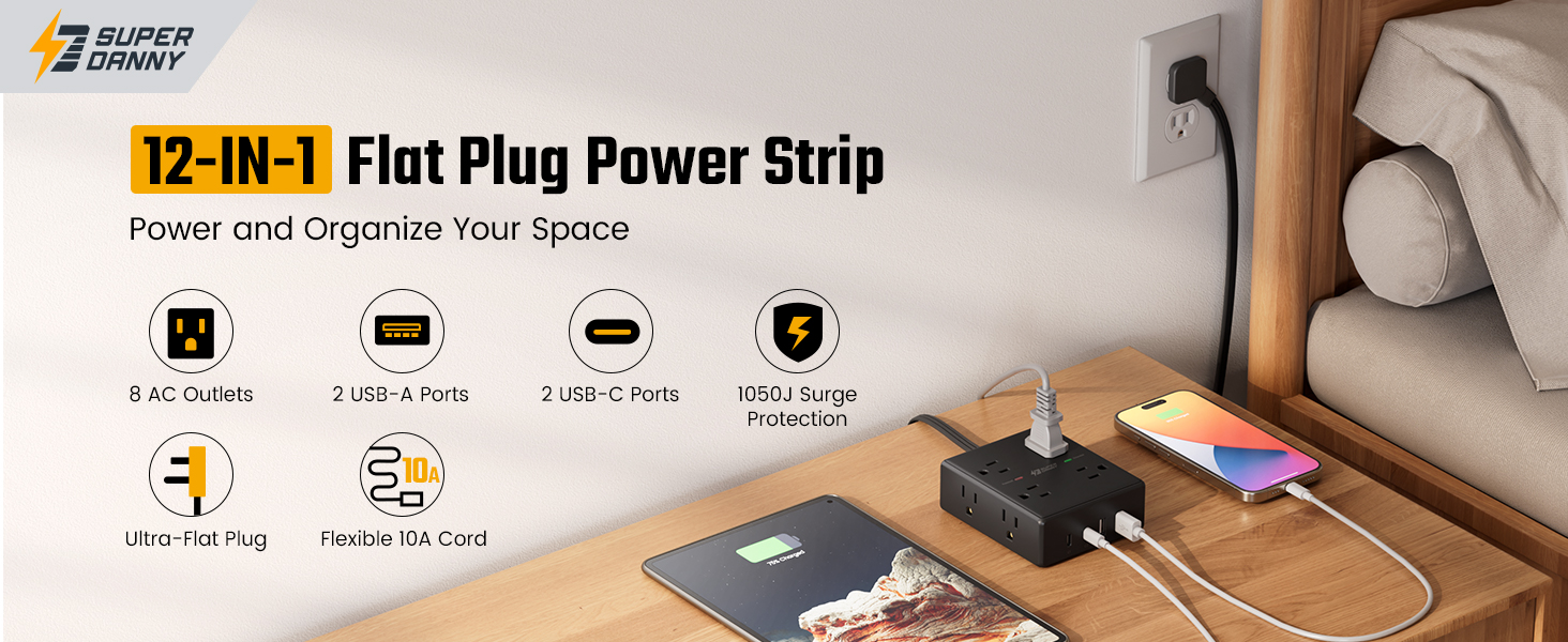 flat plug power strip with surge protection