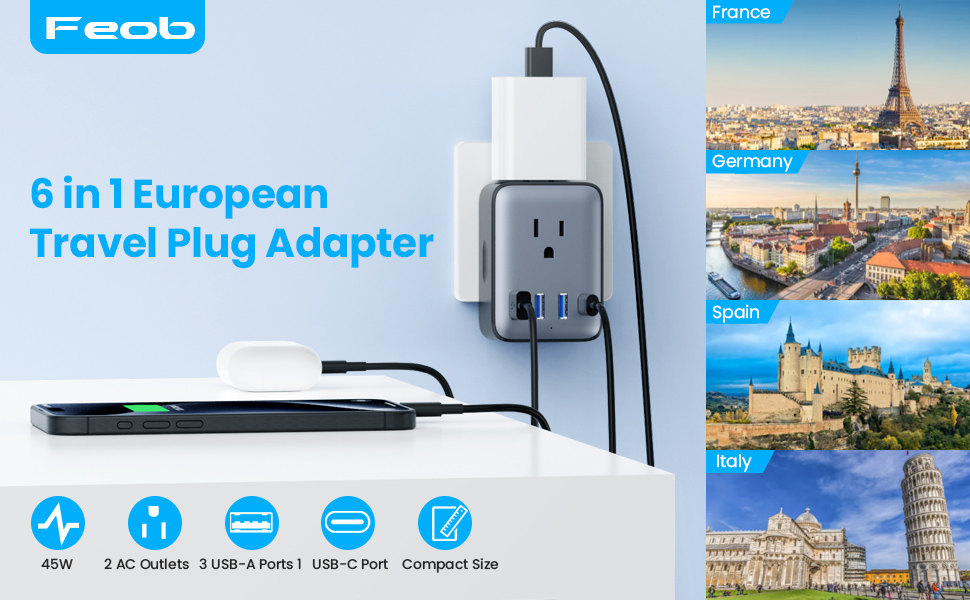 6 in European Travel Plug Adapter