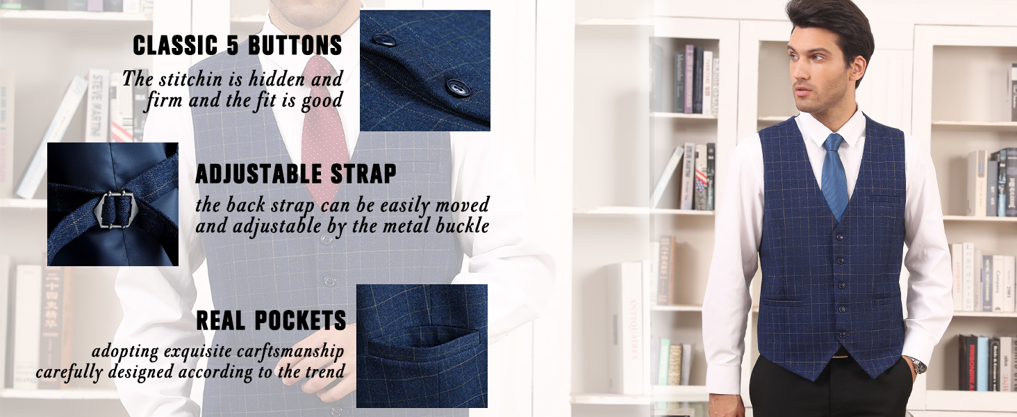 HISDERN Men's Formal Waistcoat Wedding Party Cotton Plaid Suit Vest 12 7