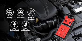 Car engine compartment with a red jump starter device connected. Icons indicate safety, durability, ease of operation, quick start, and lightweight features.