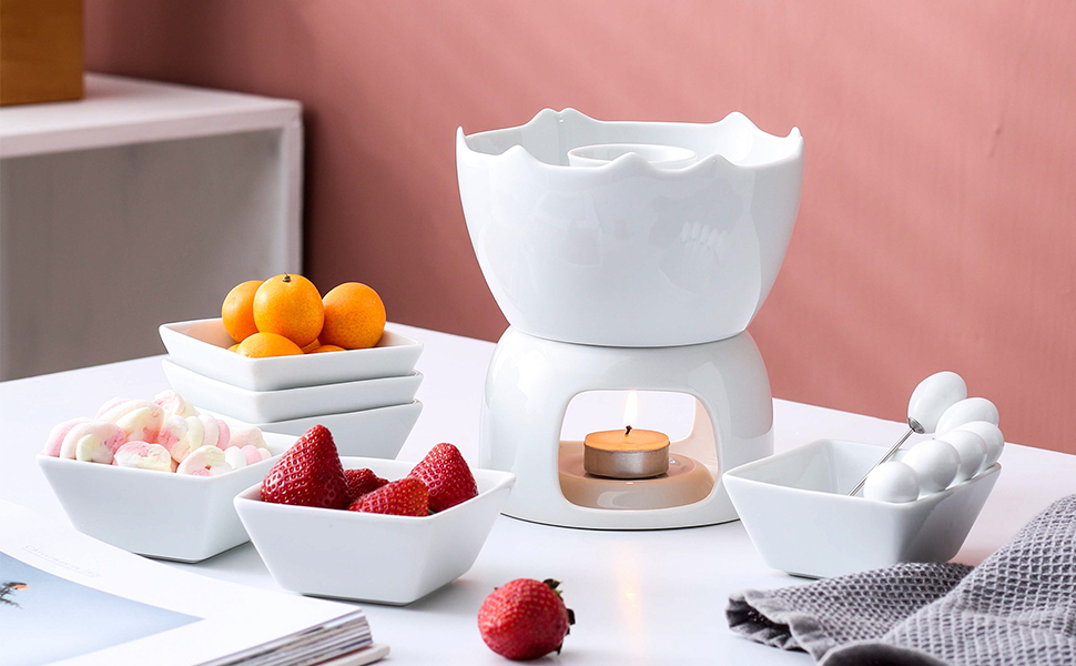 MALACASA Fondue Pot Set Twolayer Porcelain Tealight Chocolate Fondue with Dipping