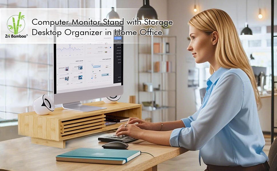 laptop computer monitor screen stand riser drawer storage desk accessories organizer bamboo wood