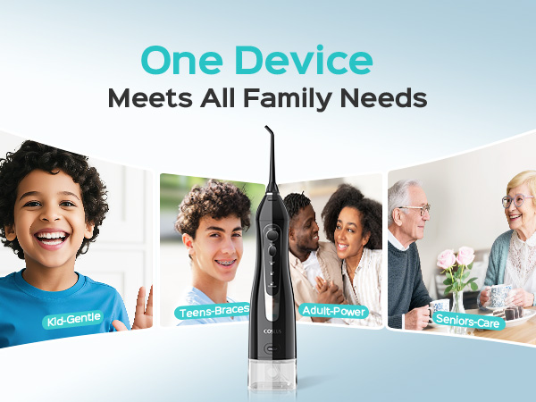 Advertisement showing text 'One Device Meets All Family Needs' with multiple panels showing people using the product in different settings.