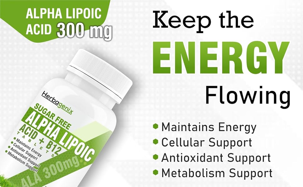 HERBAGENIX Alpha Lipoic Acid 300mg Tablets With Omega 3 FA, Glutathione, Hyaluronic Acid, Coq10