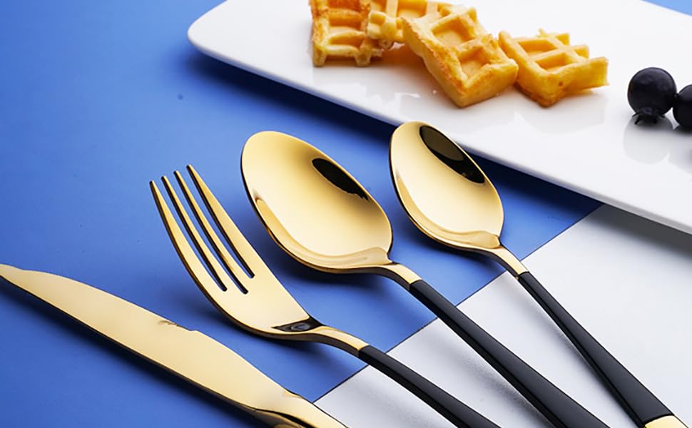 Thomaso 48 Piece Silverware Flatware Cutlery Set,1810 Stainless Steel Black Gold