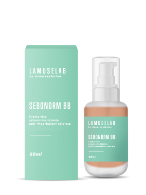 Prodotto per la cura della pelle Lamuselab Sebonorm BB in confezione verde menta con flacone da 30 ml con