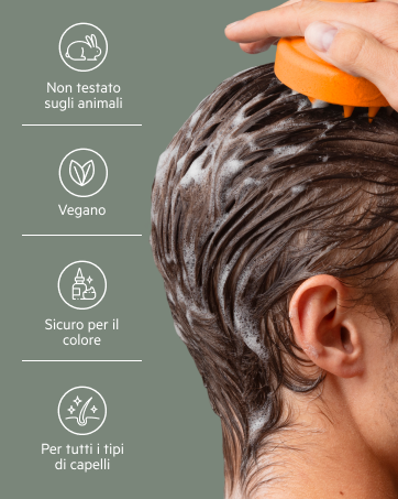 Diagramma delle istruzioni per la cura dei capelli che mostra tre icone circolari con testo «Non toccare», «Separa i ciuffi» e «Per tutti i tipi». Illustra le fasi della tecnica di lavaggio dei capelli.