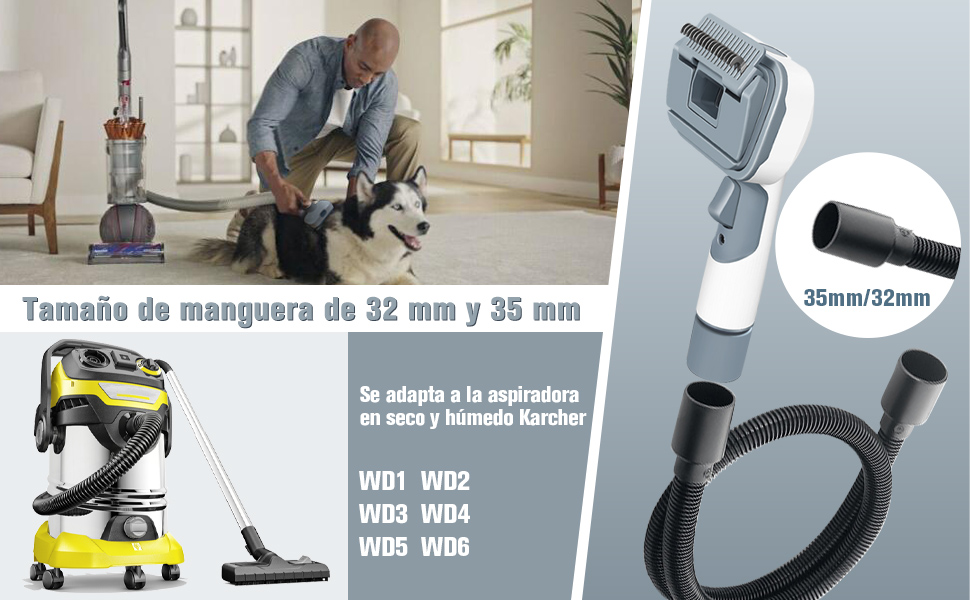 Accesorios para aspiradoras. Hombre aspirando con un perro cerca. Primer plano de los accesorios de las boquillas. El texto indica los tamaños de manguera de 32 mm y 35 mm.