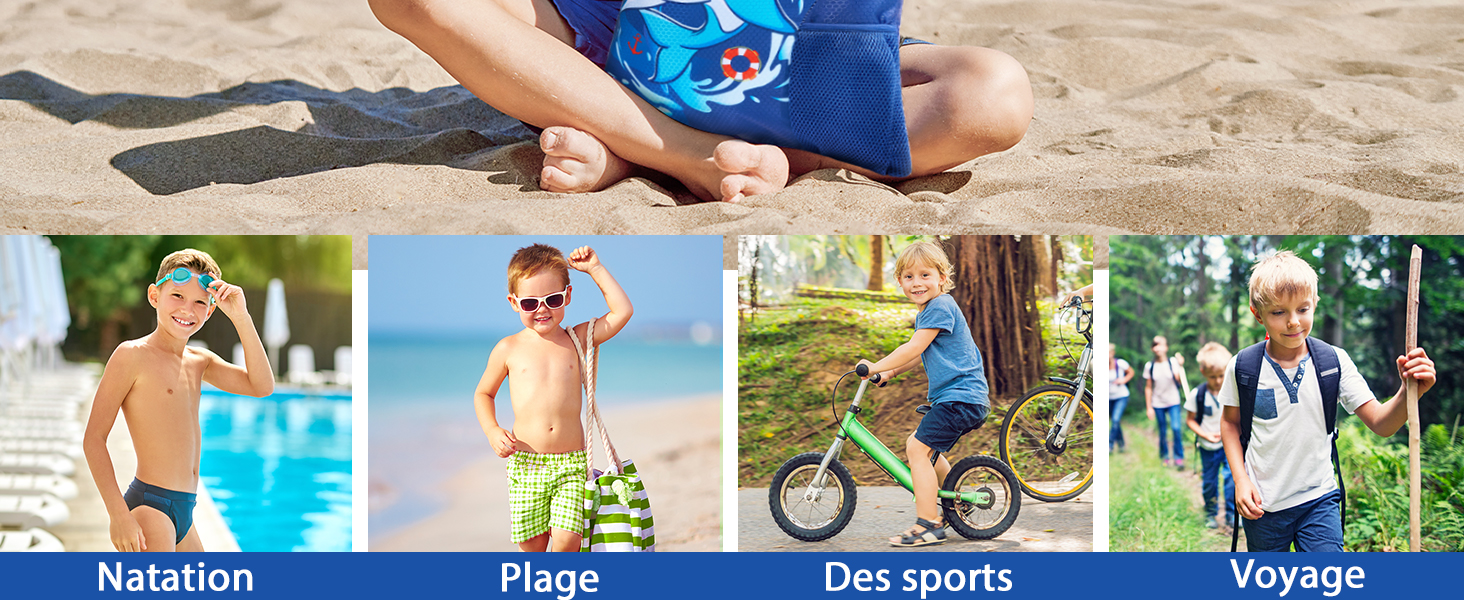 Collage de quatre images montrant les activités de plein air des enfants : natation, jeux sur la plage, vélo et randonnée. Chaque image est étiquetée avec l'activité correspondante en français.
