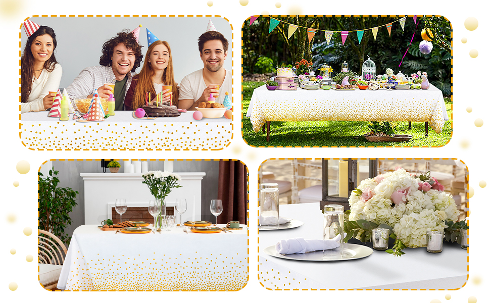 QonLou 4 Packs Plastic Tablecloths Party Table Cloth White and Gold