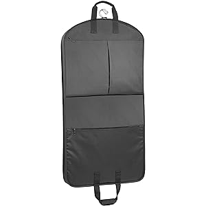 open hanging garment bag showing outside pocket