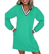 EVALESS Womens Dresses 2025 Fall V Neck Long Sleeve Casual Tshirt Dress Spring Contrast Striped S...