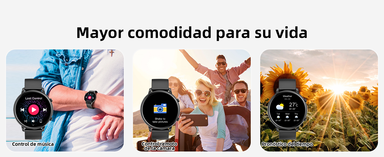 sobre relojes inteligentes que muestra tres casos de uso: monitorización de la frecuencia cardíaca, videollamadas y recuento de pasos. El texto hace hincapié en la comodidad para la vida diaria.