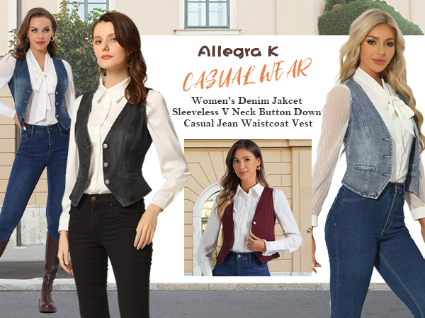 Allegra K Women's Denim Vest Waistcoat Button V Neck Western