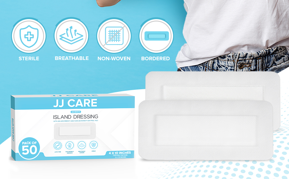 JJ CARE Adhesive Island Dressing [Pack of 50], 4” x 10