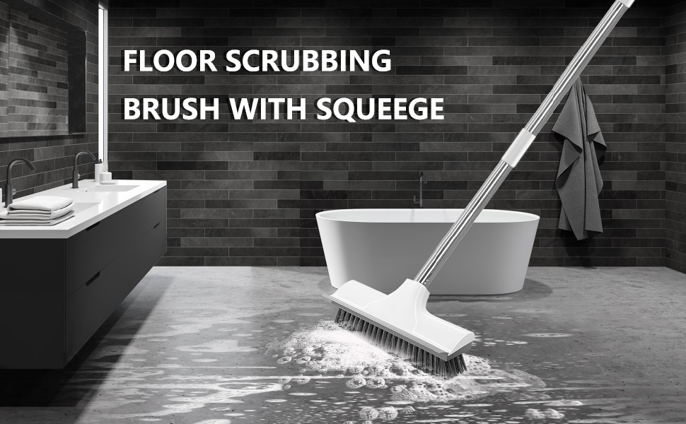 OMEGEPI Long Handle Floor Scrubbing Brushe with Squeegee, 2 in 1 Floor
