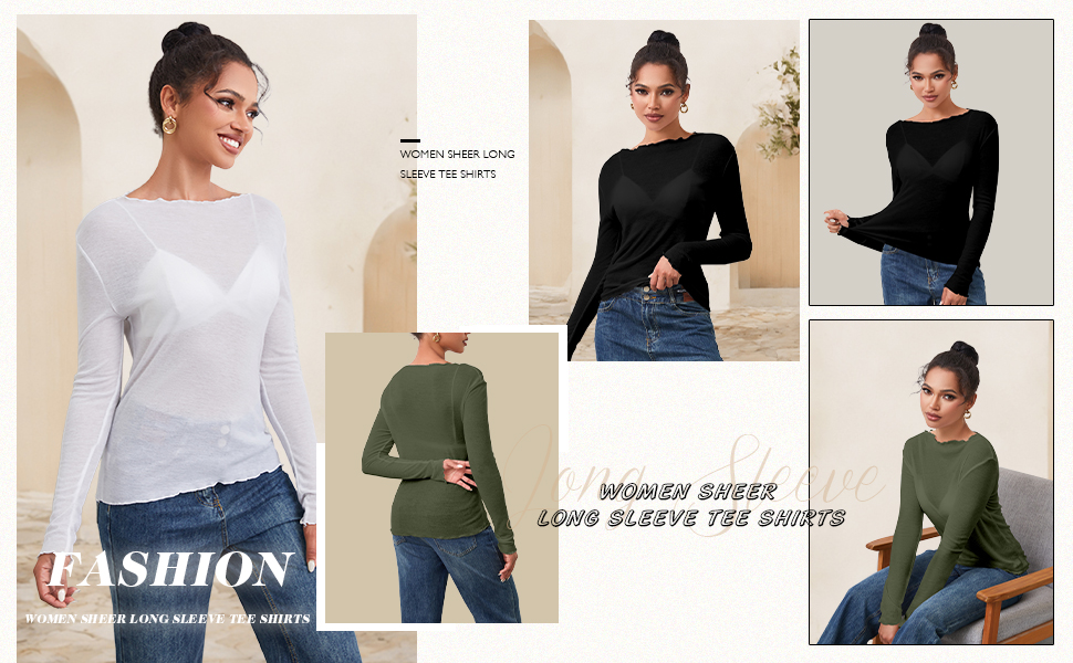 トップス SLIGHT VOGUE Sheer Long Sleeve T-shirt JWZUY Women's Long Sleeve Slim Fit Shirts Sheer Mesh Top