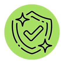 SAFE 'N CLEAN Pet Hair Brush, Vacuum Cleaner Accessory, Dog Brush, Cat Brush, 3 in 1 Set, Compatible with Dyson Miele, Siemens, Rowenta, AEG Karcher, Incl 15 Icono lineal simple de un escudo con una marca de verificación en su interior, dibujado en negro sobre un fondo circular verde lima, con elementos decorativos brillantes en las