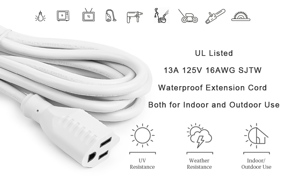 Outdoor Extension Cord White 10 FT, 16/3 SJTW Heavy Duty