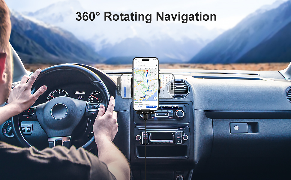 Car dashboard view with smartphone mount installed on air vent, showing '360° Rotating Navigation' text overlay.