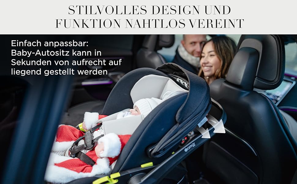 Rear-facing infant car seat in vehicle backseat. Navy blue seat with red and white infant inside. Text describes adjustable design from upright to reclined position.