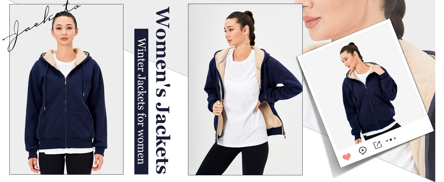 Navy blue zip-up hooded sweatshirt shown from multiple angles, featuring ribbed cuffs and hem, full front zipper, and hood with drawstrings.