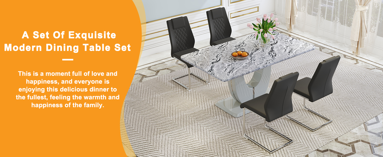 JUFU Modern Dining Table Set for 4,Grey Faux Marble Dining
