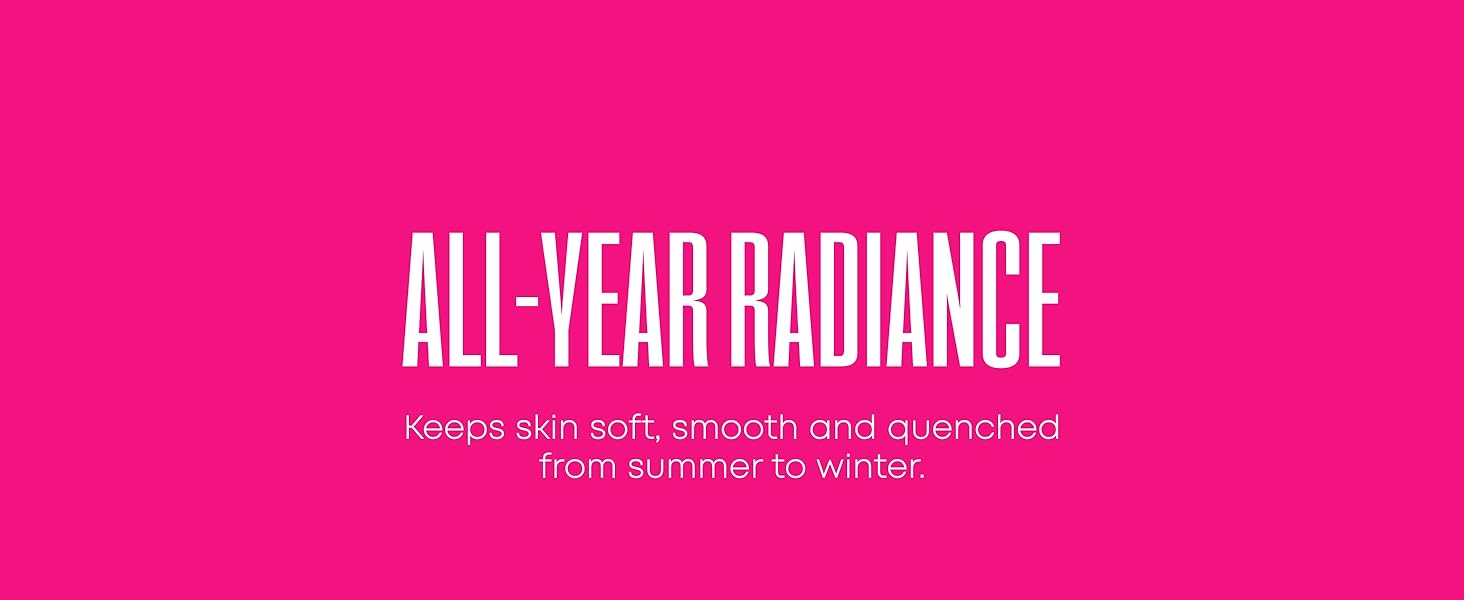 Text reads 'ALL-YEAR RADIANCE' in white text against bright pink background.