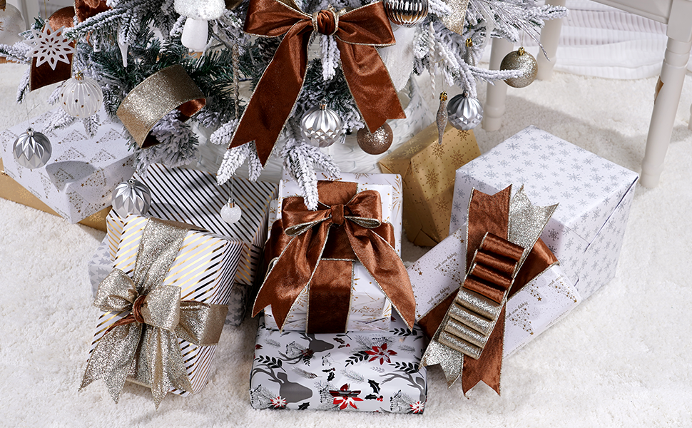 LIZLOVESS Brown Velvet Wired Ribbon with Glitter Back 2.5