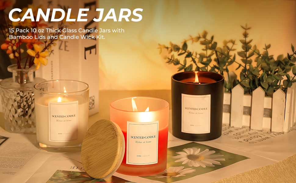 15 Pack Empty Clear Candle Jars with Bamboo Lids,10 OZ