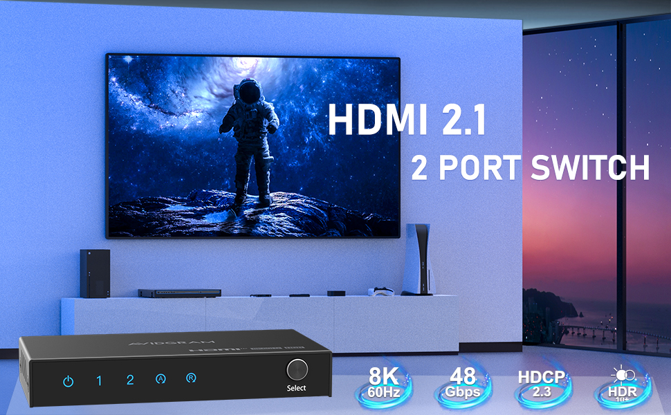 HDMI 2.1 Switch 8K 60Hz, AVIDGRAM HDMI Switcher 2 in 1 Out with IR Remote, 2 Port 4K