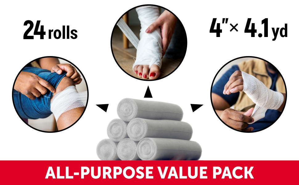 Premium Gauze Rolls 24 pack 4" Individually Wrapped + Bonus Tape