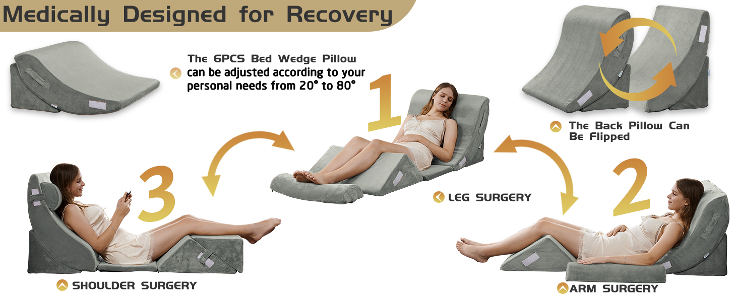 Qirroboni 6PCS Orthopedic Bed Wedge Pillow Set, Adjustable Pillows for Neck, Back