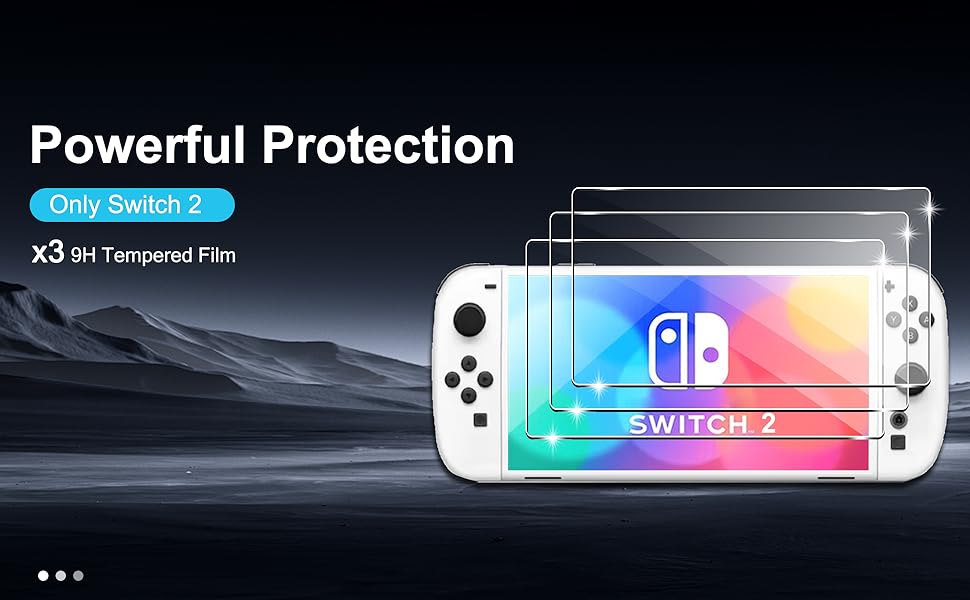 Trois films de protection d'écran en verre trempé pour Nintendo Switch OLED, représentés flottant au-dessus d'une console blanche. Le texte met en évidence « Film tempéré 9H » et « Protection puissante »