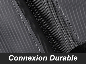 Le texte indique « Connexion Durable ». Gros plan sur un tissu noir texturé avec un motif de coutures et des détails de couture visibles.