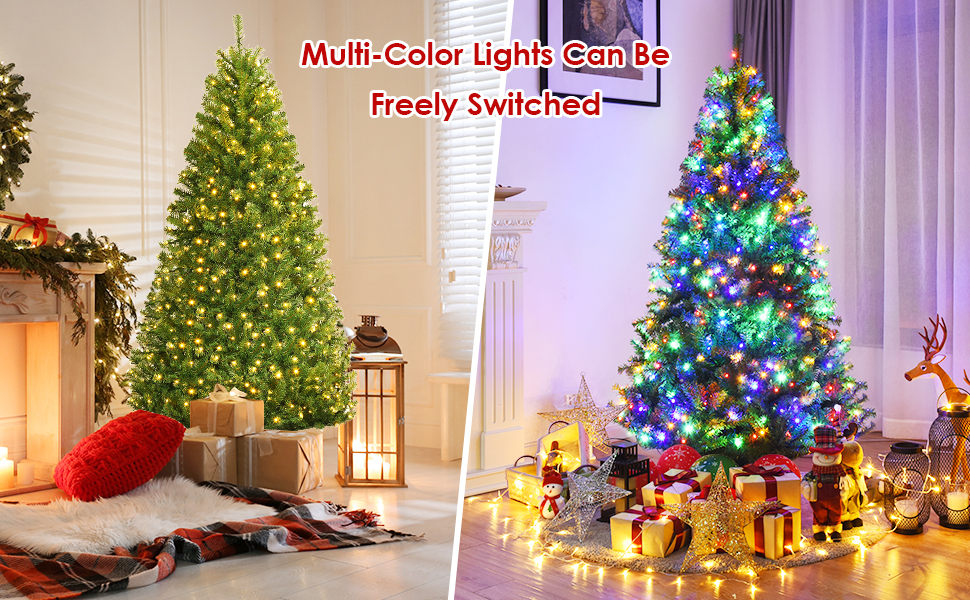 Text reads 'Multi Color light', 'Freely Switch'. Split image showing Christmas trees with different colored LED lights, transitioning from traditional warm lights to multicolored display.