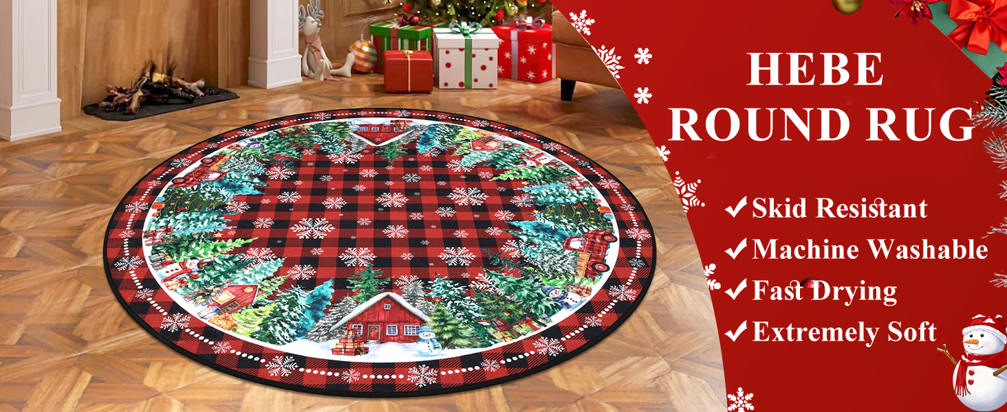 HEBE 4Ft Round Christmas Area Rug Non Slip Farmhouse Round
