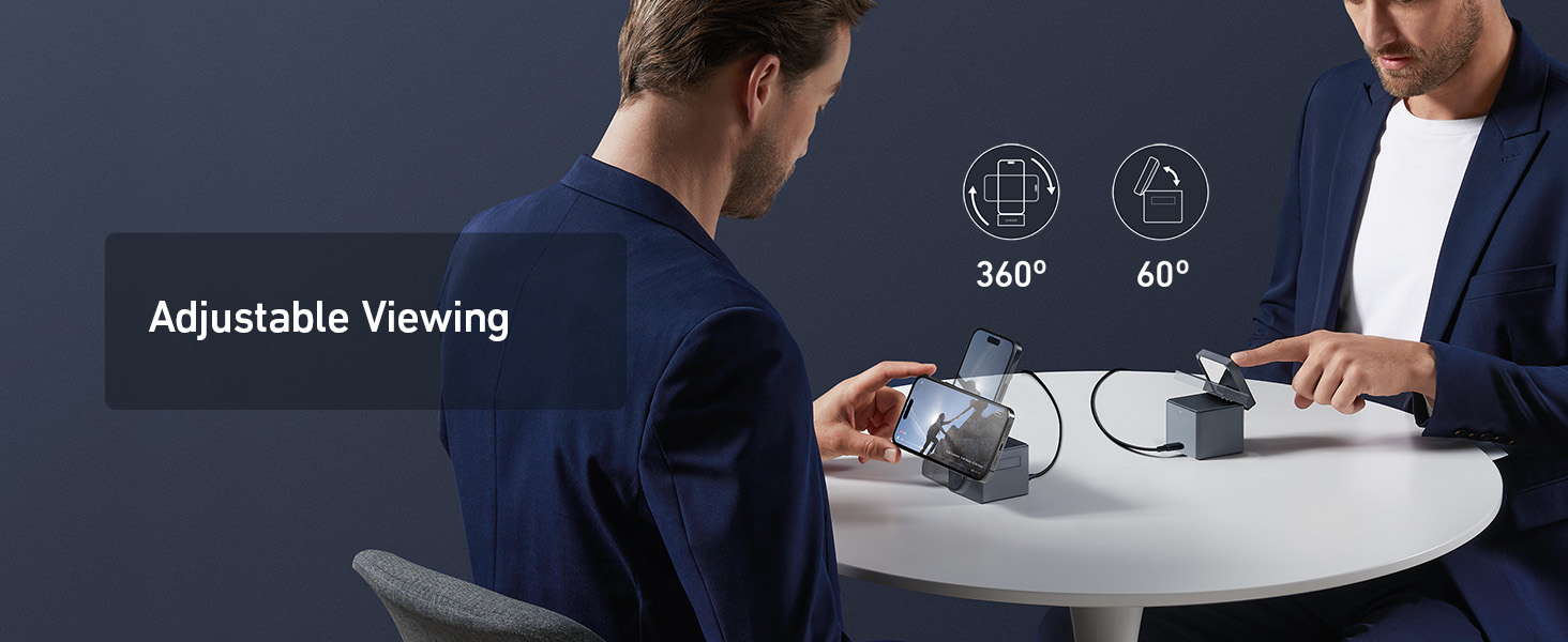 Product interface demonstration showing adjustable viewing angles of 360° and 45° with graphical indicators and device placement illustration.