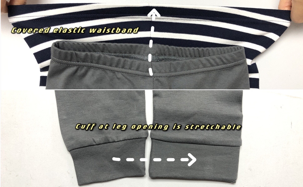Stretched waistband and leg cuff